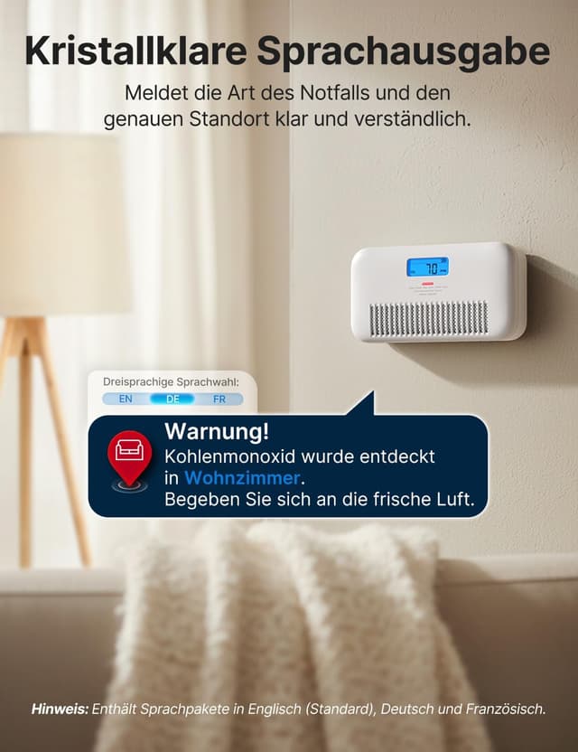 Detalle de X-Sense XC0M-SR Kohlenmonoxid-Melder mit Temperatur- & Feuchtigkeitsüberwachung und Sprachansagen (1 Stück)