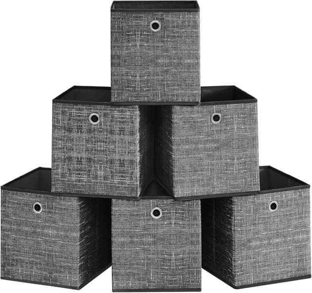 Detalle de SONGMICS Aufbewahrungsbox 6er-Set (Vliesstoff mit Griff) – RFB026B01, 26 x 26 x 28 cm, schwarz meliert