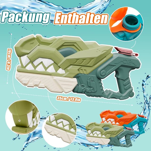 Detalle de Weirtoya 2er-Set Dino-Wasserpistolen (580 ml) – Dinosaurier Wasserspritzpistole für Kinder, 7–10 m