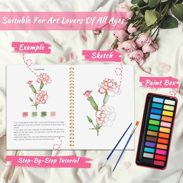 Detalle de Cbcmpica Watercolor Workbook & Beginner Painting Kit (Flowers & Animals, 24-Color Palette)