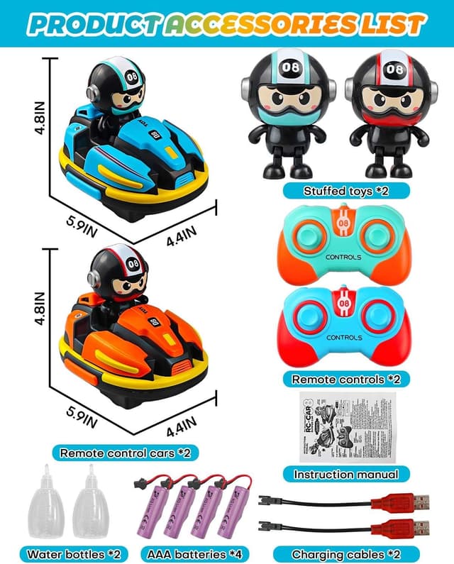 Detalle de Victoper 2 Pack RC Bumper Cars for Kids with Spray, LED Lights, Music and 360° Control