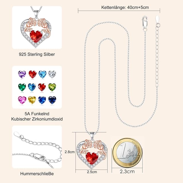 Detalle de Fezodo Sterlingsilber 925 Halskette mit Rosenherz und Geburtsstein für Muttertag, Jahrestag & Valentinstag