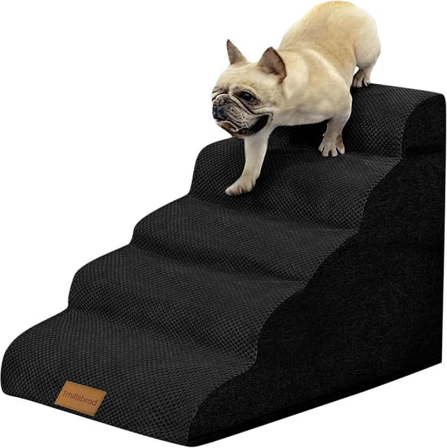 Detalle de Breiter Hundetreppe Schwarz mit 5 Stufen (62 cm hoch) für kleine Hunde – rutschfester Boden & waschbarer Bezug