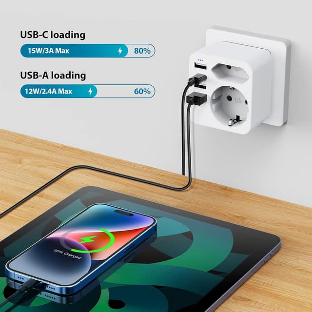 Detalle 2 de USA Reiseadapter mit 3 USB + USB-C (bis 3,4 A) für Deutschland/Europa-Stecker
