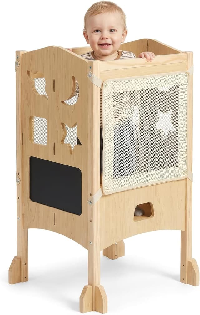 Detalle de BabybeFun Lernturm ab 1 Jahr, klappbar mit 360° Sicherheitsnetz & Anti-Kipp-Schutz