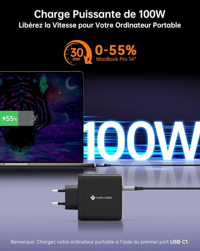 Detalle de Chargeur NOVOO USB‑C 120W pour MacBook Pro/Air, GaN III avec câble PD 100W (multiport)