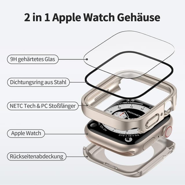 Detalle de Kawoco 2-in-1 wasserdichte Schutzhülle für Apple Watch Series 9/8/7 (41 mm) mit gehärteter Glas-Schutzfolie