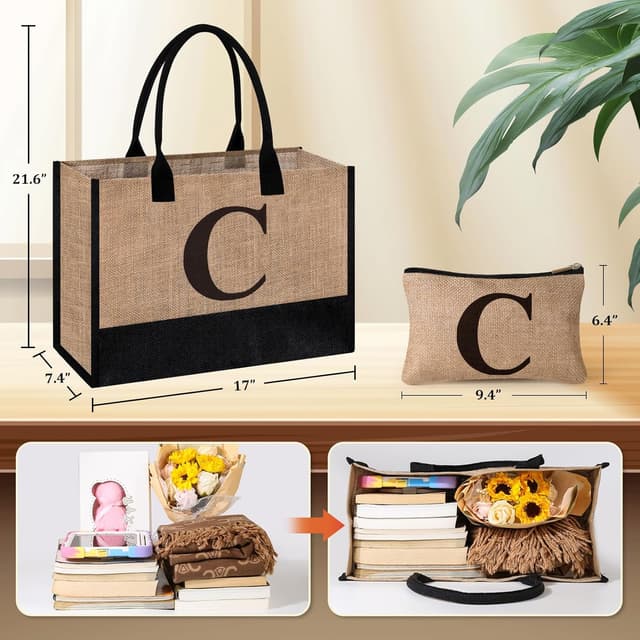 Detalle de Initial Jute Tote Bag & Makeup Bag Gift Set for Women – Personalised Two-Piece Tote and Pouch