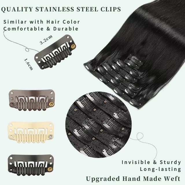 Detalle de GUDOZO Clip-in Echthaar Extensions 35 cm natürliches Schwarz (1B#) – 7-teilig, Skin Weft