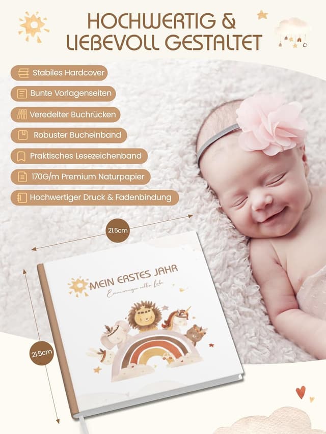 Detalle de Babybuch „Mein erstes Jahr“ – Babyalbum Erinnerungsbuch für das 1. Lebensjahr im Boho-Stil (21,5 x 21,5 cm)