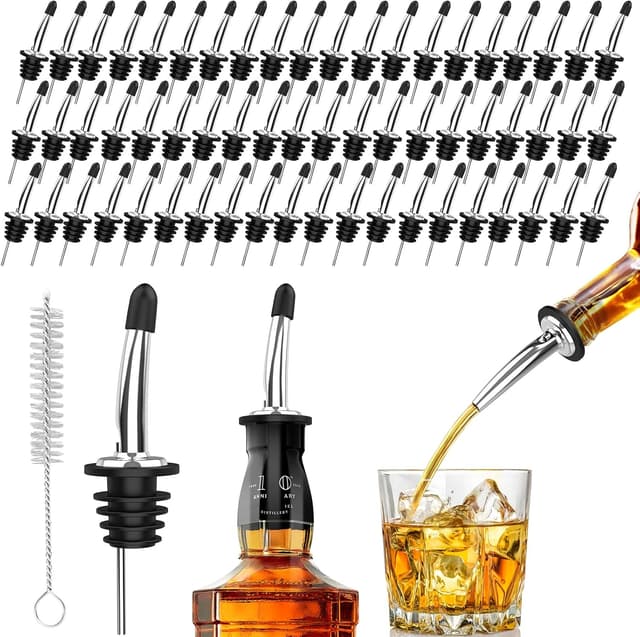 Detalle de SINLUCESCE 60-Pack Stainless Steel Pour Spouts for Liquor Bottles (Rubber Dust Caps)