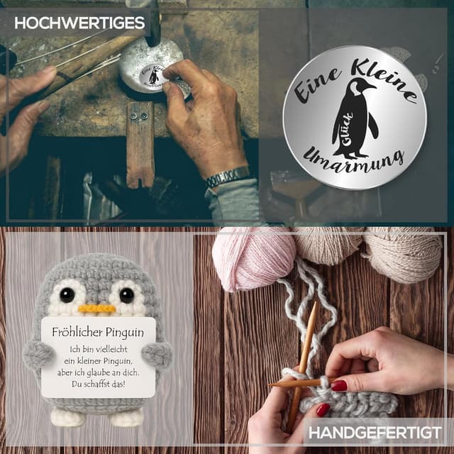 Detalle de Tixlux Pocket Hug Fröhlicher Pinguin – handgenähte Strick-Dekofigur mit Pinguin-Token (Grau)