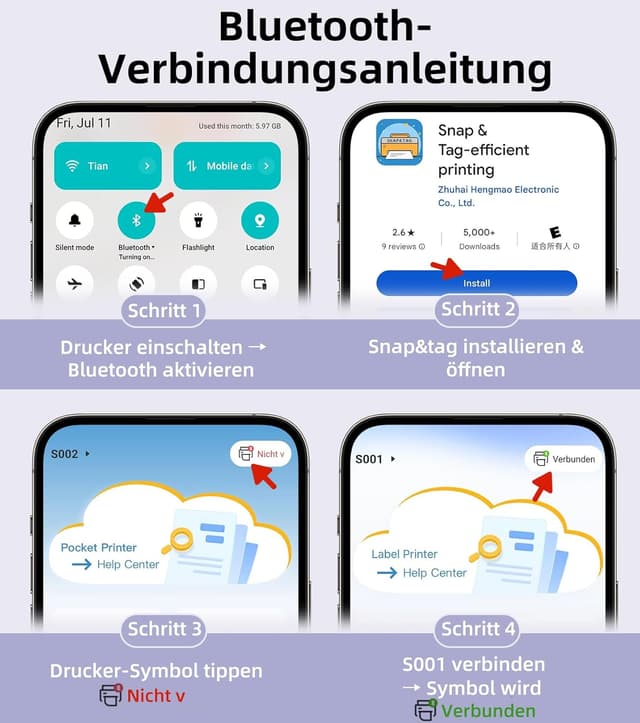 Detalle 2 de ORGSTA S001 Etikettendrucker mit Bluetooth für selbstklebende Etiketten – mobil, sofort druckbereit
