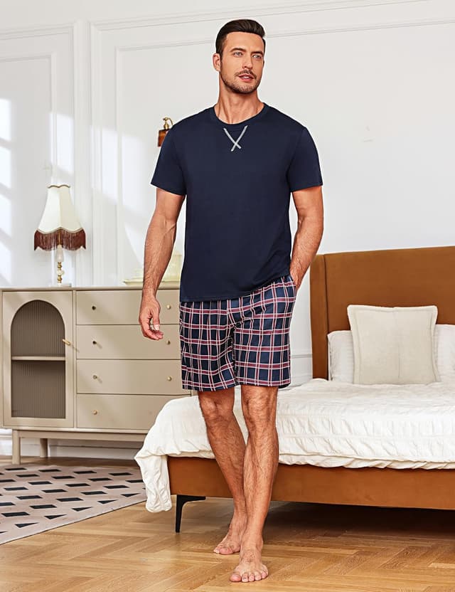 Detalle de Demegimi Men’s Short Pyjama Set Summer Nightwear – Soft Cotton Blend T-Shirt & Shorts Lounge Set