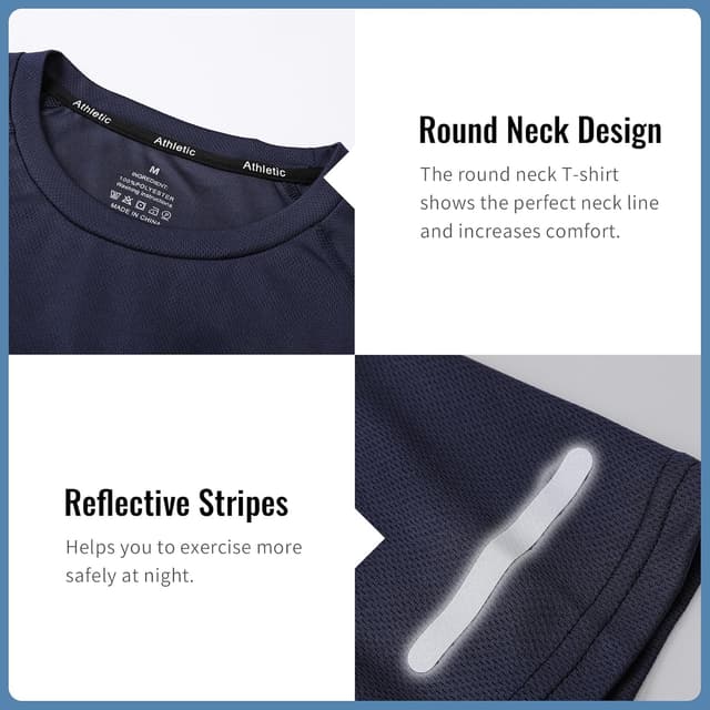 Detalle de Mens Gym Athletic Quick-Dry Sports T-Shirts with Moisture Wicking & Reflective Stripe