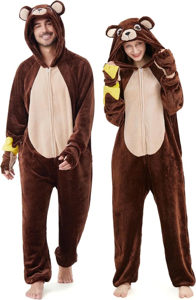 Detalle de Costume onesie adulte Ezuwail en forme d’ours, avec capuche et fermeture éclair dissimulée