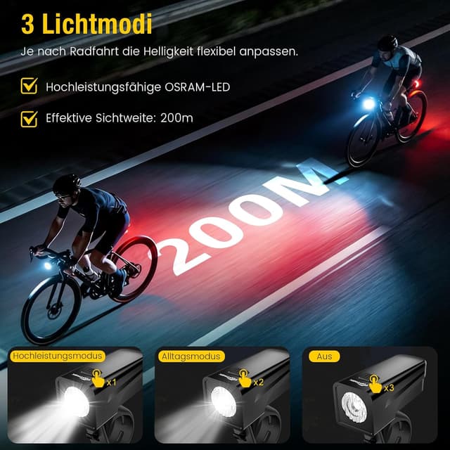 Detalle de Toptrek Fahrradlicht-Set USB aufladbar mit StVZO-Zulassung (LED, IPX5, mit wechselbarem Akku)