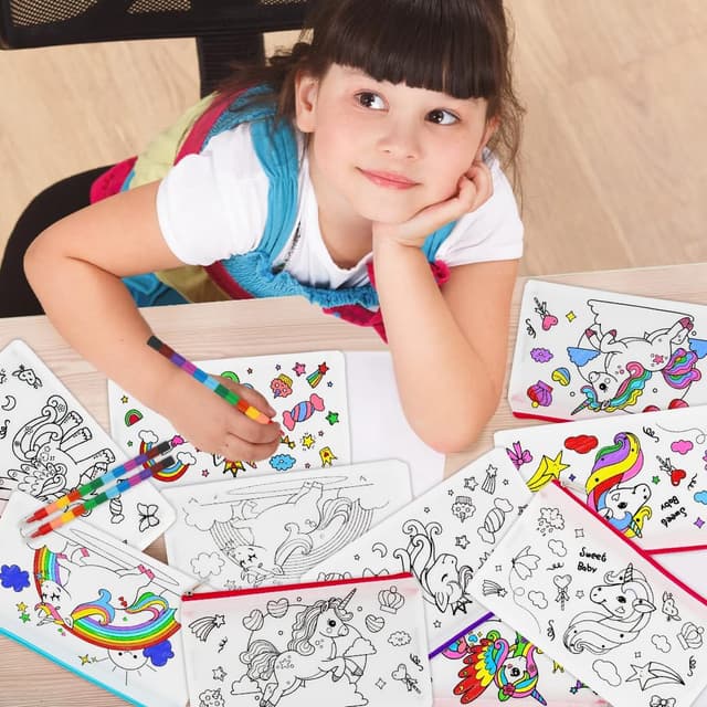 Thumbnail 6 de Aurasky Einhorn Federmäppchen zum Bemalen mit Stoffbeutel, 10 DIY-Malsets & 4 stapelbare Wachsmalstifte (12 Farben)