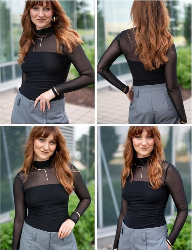 Detalle 2 de Zeagoo Damen Mesh Oberteil – transparentes Langarmshirt mit Rundhalsausschnitt für Party & Clubwear (Slim Fit)