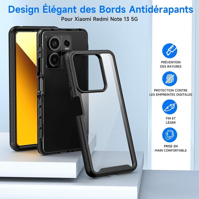 Detalle de Coque seacosmo pour Xiaomi Redmi Note 13 5G – antichoc double face transparente avec protection d’écran (noir)