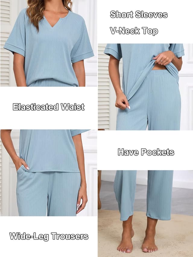 Detalle de Famulily women’s lounge wear set: V-neck short sleeve top & wide-leg trousers with pockets
