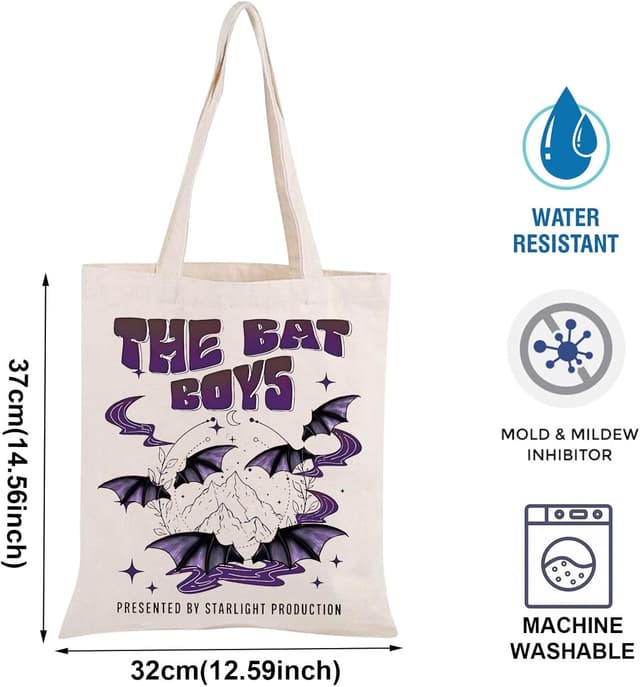 Detalle de AKTAP Fantasy Book Lovers Tote Bag (Acotar Bat Boys / Velaris design) — large canvas shopping bag