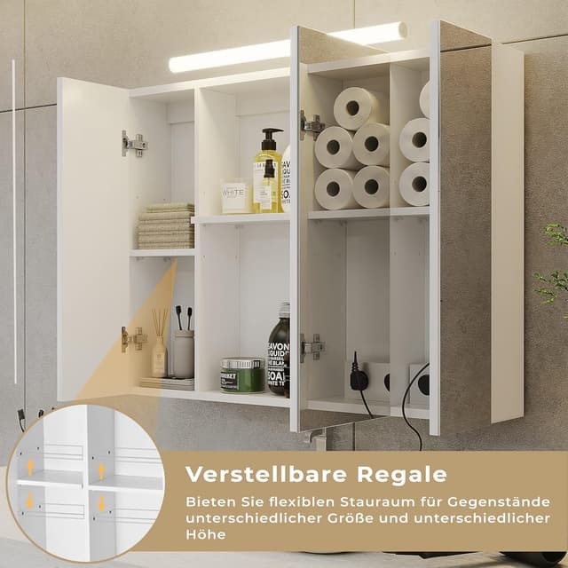 Detalle 2 de DICTAC Armadietto Specchio da Bagno con Luce LED e Presa Elettrica, 80x16x60 cm, Bianco