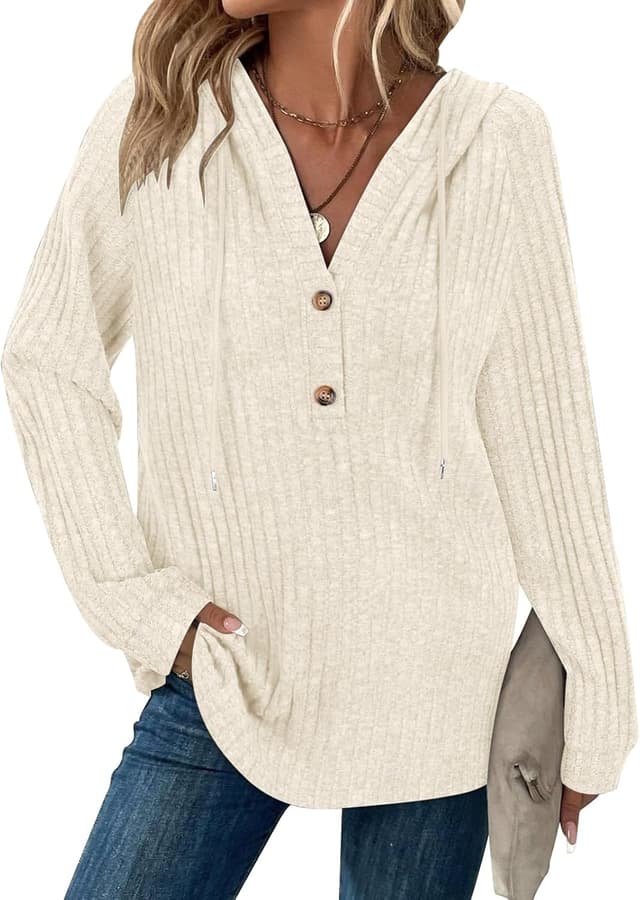 Detalle de Syphiby women’s long sleeve hoodie tunic jumper with drawstring, V-neck and button front
