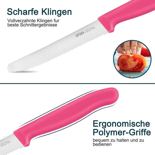 Detalle de OPOLIA Tafelmesser-Set (12-teilig) mit Wellenschliff – Frühstücks-, Brötchen- und Tomatenmesser in Pink
