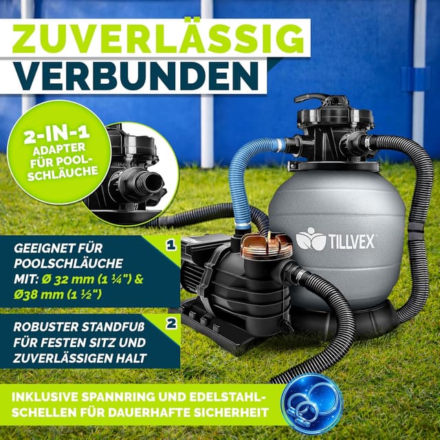 Detalle de tillvex® Sandfilteranlage für Pool: 13.200 L/h bis 40.000 L, 7-Wege-Ventil & 2in1 Adapter (Ø 32–38 mm)
