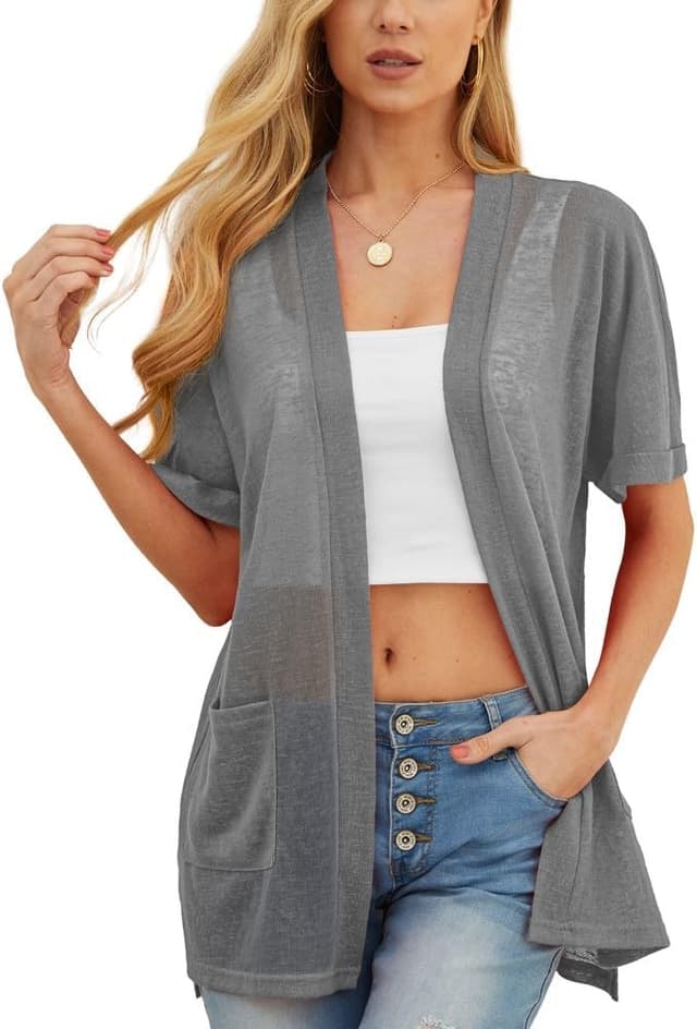 Detalle de PrinStory Women’s Lightweight Cardigan Long Sleeve – Open Front V-Neck with Pockets (Polyester/Spandex)