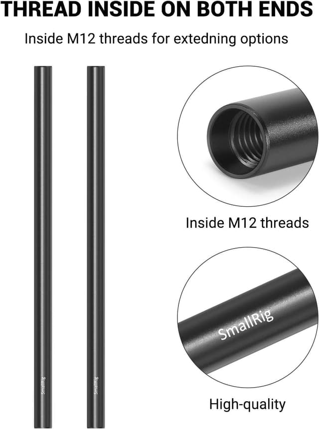 Detalle 2 de SMALLRIG 1053: 2x 15-mm-Rod aus schwarzer Aluminiumlegierung, 30 cm (12 Zoll) – M12-Innengewinde