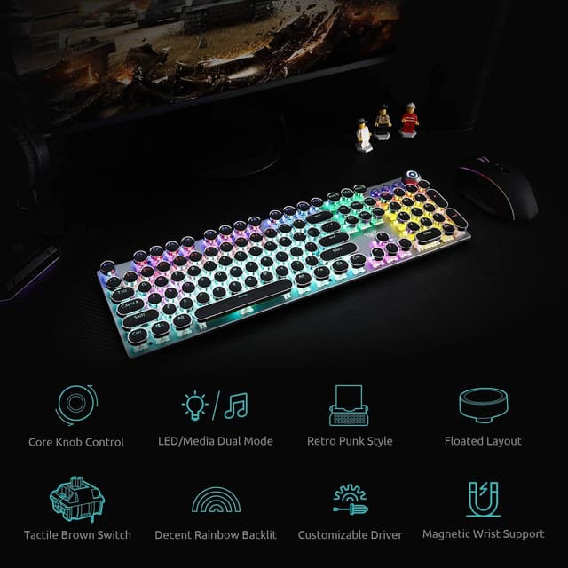 Detalle de AULA F2088 Typewriter-Style Mechanical Gaming Keyboard with Blue Switches, Media Knob & Removable Wrist Rest (108-key wired, black)