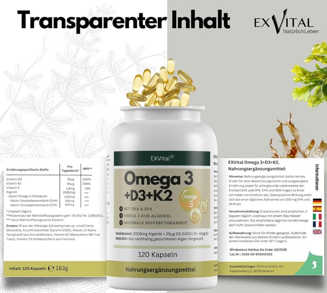 Thumbnail 6 de EXVITAL Omega 3 Vegan D3 K2 120 Kapseln