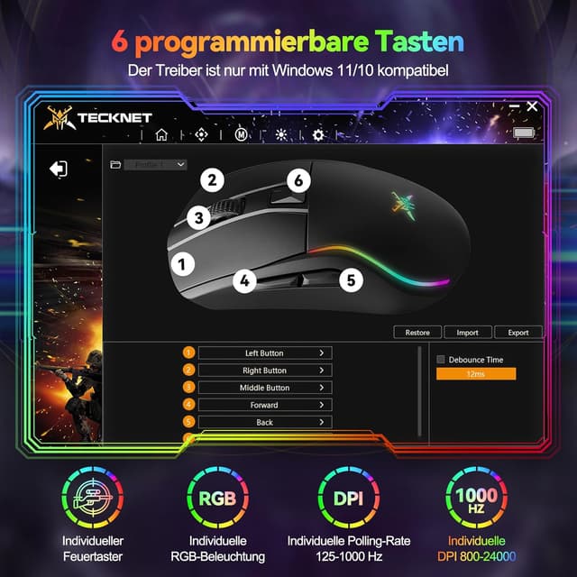 Thumbnail 4 de TECKNET Gaming Maus Kabellos 24000 DPI