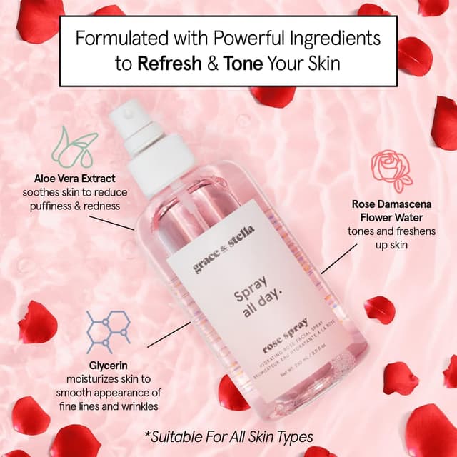 Detalle 2 de Grace & Stella Award Winning Rose Water Facial Spray (240ml) — Vegan Rose Water Mist with Hyaluronic Acid