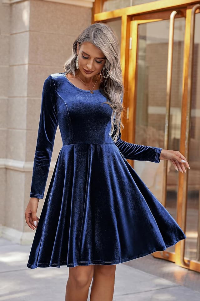 Detalle de Zeagoo Robe de soirée en velours pour femme à manches longues – longueur genou, col rond (S à XXL)