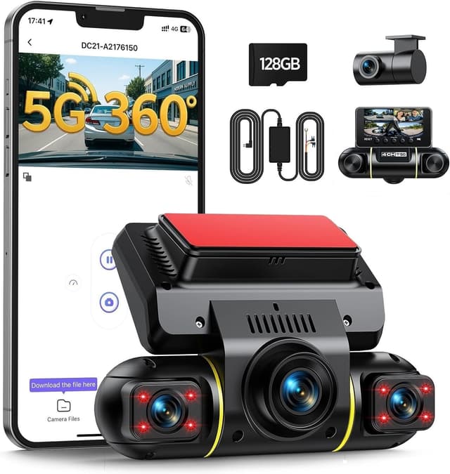 Detalle de LAMTTO 360 Degree View 4-Channel Dash Cam (Front & Rear) with 5G WiFi, 8 IR Night Vision, and Hardwire Kit + 128GB Card