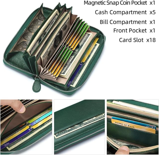 Detalle de SCHLATUM RFID Blocking Women’s Zipper Wallet in Green-dark – Large Capacity Leather Billfold Clutch