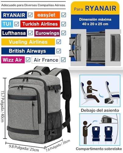 Detalle 2 de KLOSTAIN Mochila de cabina para avión 40x20x25 cm (20L) gris melangé claro con compartimento para portátil