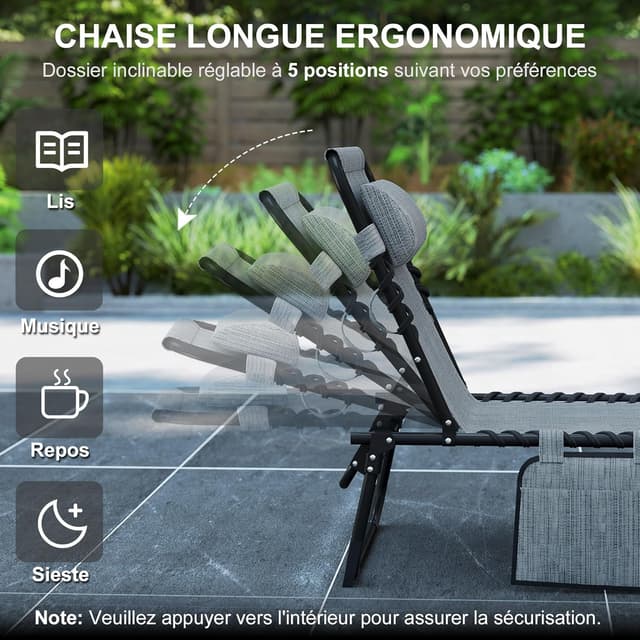 Detalle 2 de Outsunny Chaise Longue Pliable Gris Bain de Soleil