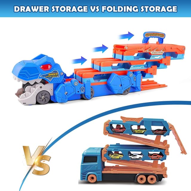 Thumbnail 6 de VATOS 2-in-1 Dinosaurier-Transporttruck mit Klapp-Track und 8 Rennautos – Trägerfahrzeug-Spielset für Kinder (ca. 3–5 Jahre)