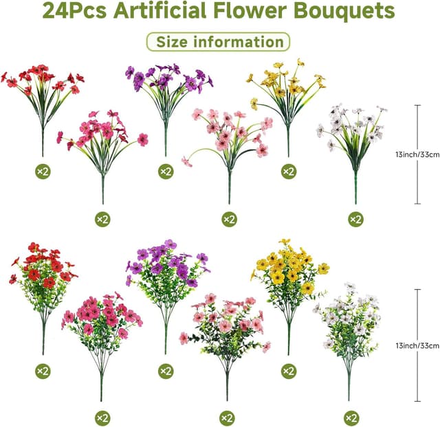 Detalle de Alupssuc 24 Bundles Artificial Flowers (Outdoor UV-Resistant) – Mixed 6 Colours Violet Spring Grass & Eucalyptus
