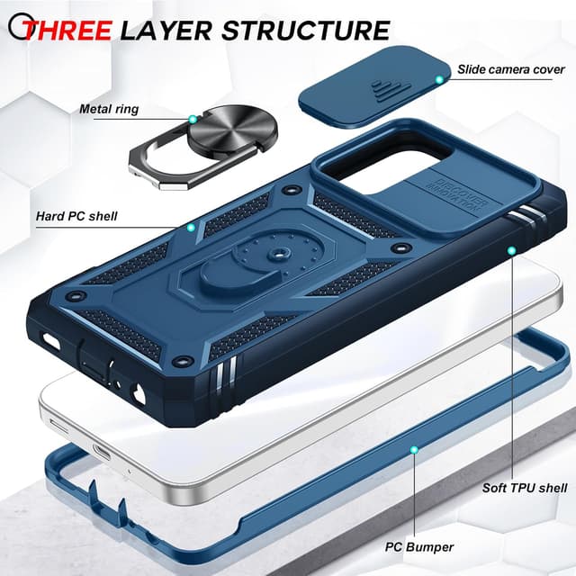 Detalle de LeYi Military Camera Cover Slider Case for Samsung Galaxy A52 5G/A52S with 2 Tempered Glass + Ring Stand (Dark Blue)