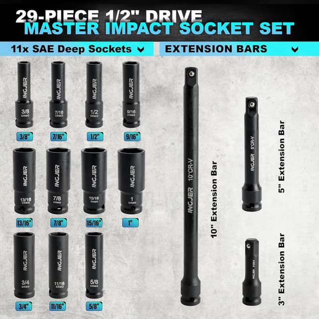 Detalle de INGJER 1/2" Drive 29-Piece Impact Socket Set (SAE + Metric) with Extension Bars