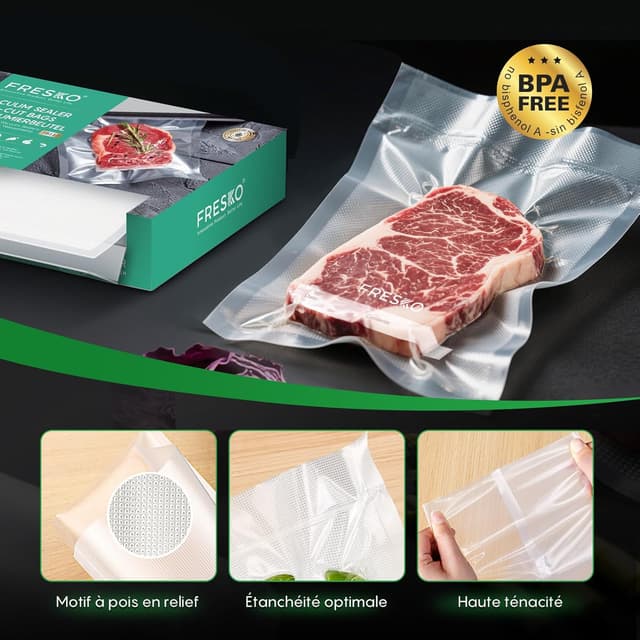 Detalle de FRESKO Sacs sous vide alimentaire 20 x 30 cm – Lot de 120 sachets pour congélation, conservation et cuisson sous vide