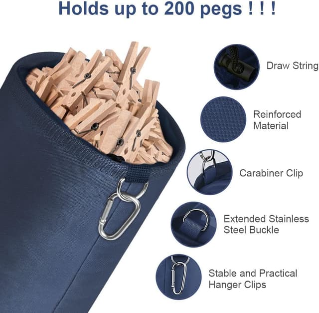 Detalle de Vicloon Borsa per mollette con gancio e chiusura a cordoncino, capacità fino a 200 mollette (blu navy)