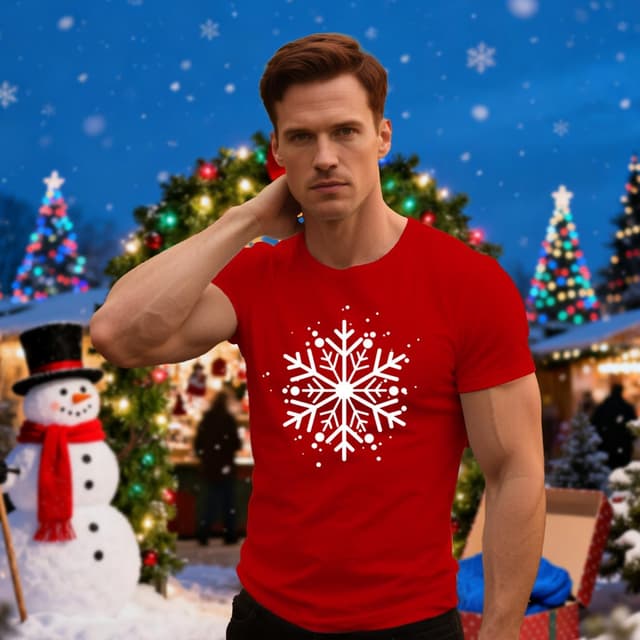 Detalle de Qskall Christmas T-Shirts for Men – Snowflake holiday tee in deep green or red