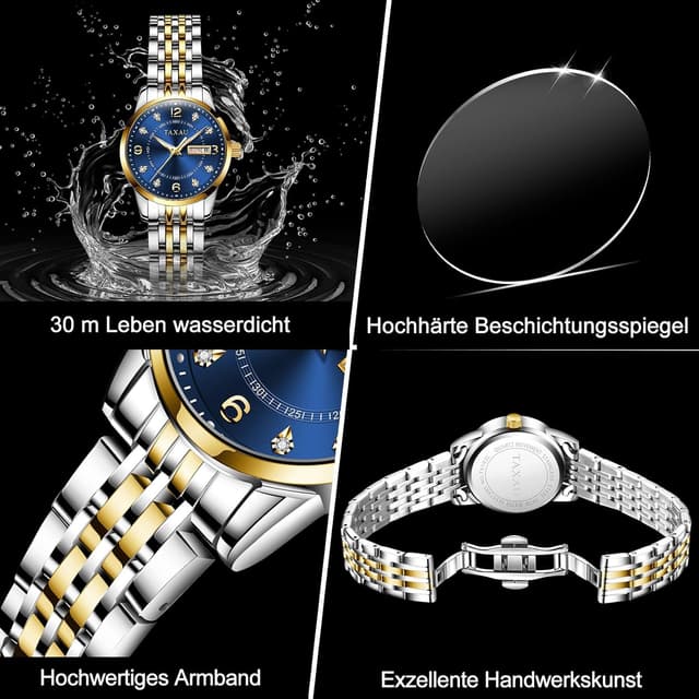 Detalle 2 de Taxau Damenuhr mit arabischen Ziffern, blauem Zifferblatt und Datumsanzeige (Edelstahl, 3 ATM) – kleines Zifferblatt