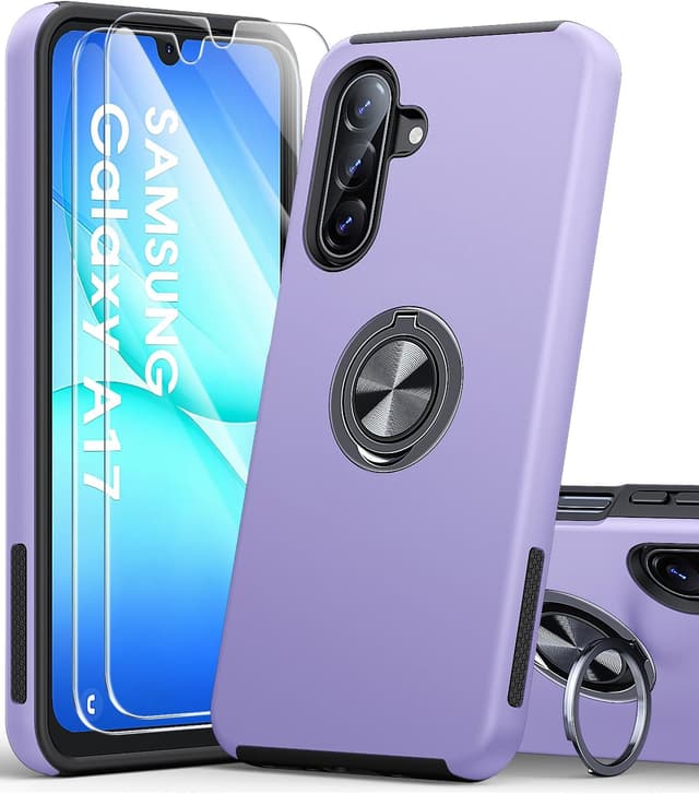 Detalle de AOUIA Galaxy A17 Case (Purple) with 2-Pack Screen Protectors and 360° Ring Stand